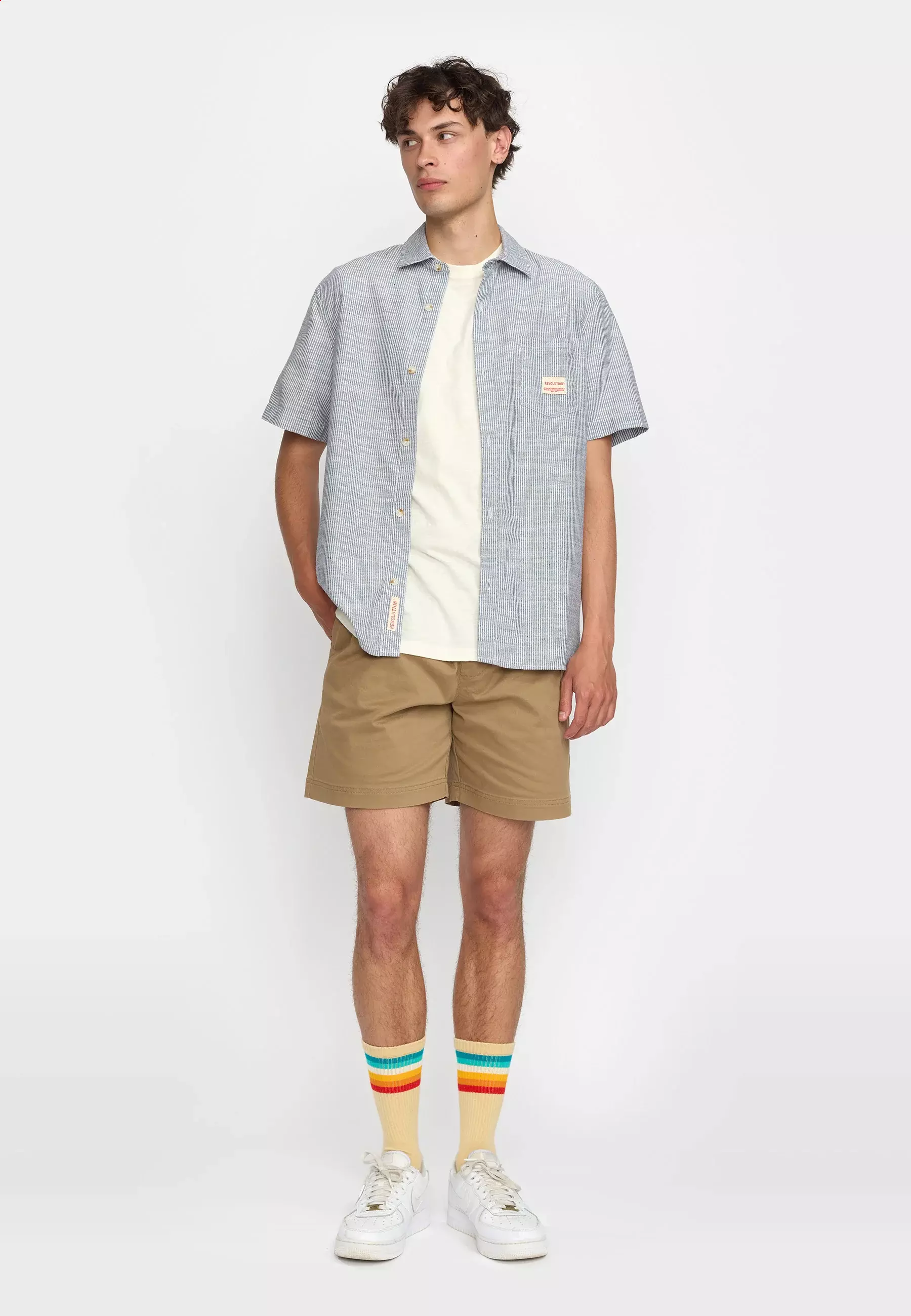 Revolution gestreiftes Kurzarm Hemd Herren blau